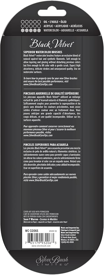 Silver Brush Limited WC-3206S Black Velvet Round Watercolor Brushes, Set of 3 Brushes, Golden Natural Round Size 8, Black Velvet Oval Wash and Dagger Striper Size 3/8 and Size 1/4