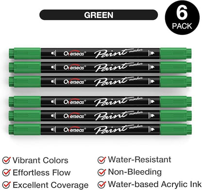 Overseas Green Acrylic Paint Markers, 6 Pack Dual Tip Paint Pens Acrylic Markers - Dot and Brush Tip Coloring Marker for Wood, Rock, Canvas, Glass, Metal, Plastic, Rubber, Fabric, School Supplies