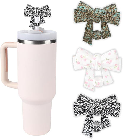 3 Pack Printed Bow Straw Toppers, Silicone 10mm/0.4In Reusable Dust-Proof Straw Cover Caps for Stanley Cup 30&40oz, Tumblers Accessories Gift (3 Colors B)