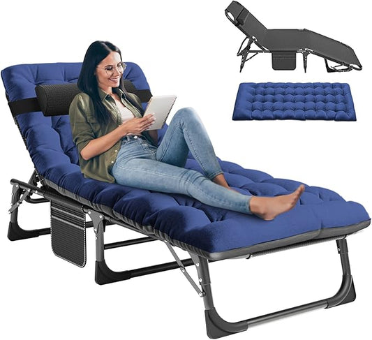 LILYPELLE Folding Lounge Chair with Mattress, 5 Position Adjustable Folding Cot Portable Outdoor Folding Chaise Lounge Chair for Outside, Sunbathing, Camping, Pool, Beach, Patio