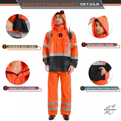 SKSAFETY Hi Vis Reflective Rain suits for Men Waterproof - High Vis Safety Rain Jacket, High Visibility Raincoat for Men