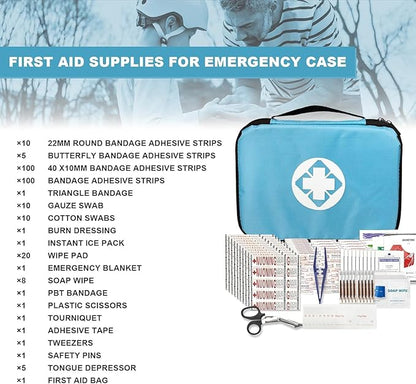 Home Car First Aid Kit Refill Supplies for Business 300Pcs Emergency Kits Urgent Essential for Workpalce Outing Skating Waterproof First Aid Blue Bag for Backpacking 1st Aid