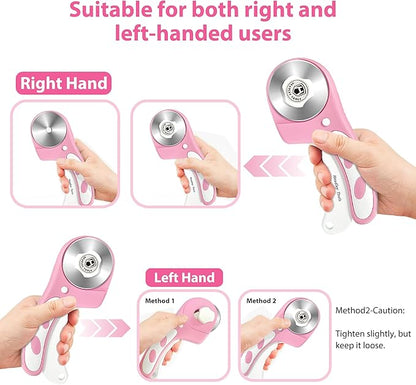 Headley Tools Rotary Cutter 60mm Upgraded with Bearing Design for Smoother and deeper cutting, Ergonomic Handle Rolling Cutter with Safety Lock for Fabric, Fabric, Leather, Crafting, Sewing, Pink