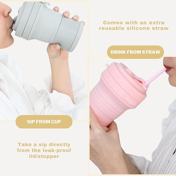HANARA Collapsible Cup with Reusable Straw – 18 Oz (550 Ml), Portable Travel Mug, BPA-Free, Leak-Proof, Microwave & Dishwasher Safe, Multi-Purpose for Hot & Cold Drinks – Beige