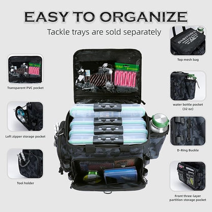 Ghosthorn Fishing Tackle Bag with Rod Holder Saltwater & Freshwater Resistant Tackle Box Bag - Waterproof Base, Adjustable Padded Shoulder Strap (Black Camouflage)
