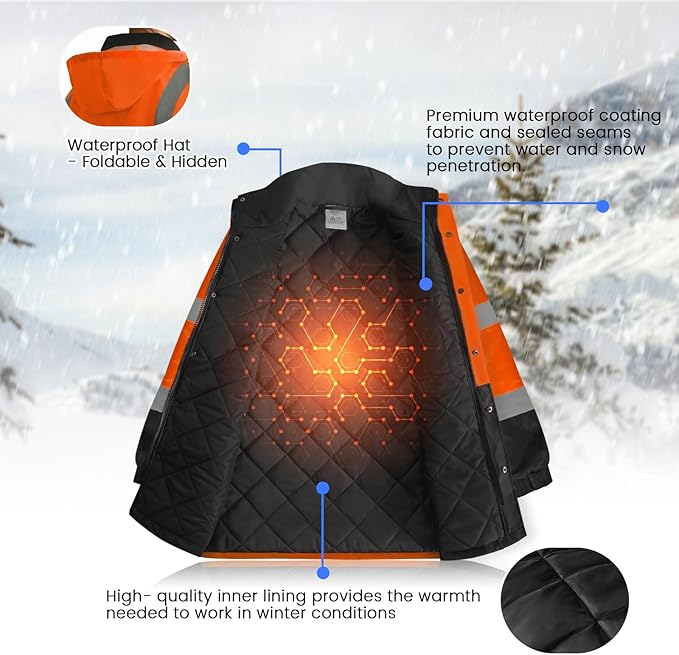 High Visibility Work Jackets, Safety Jacket with Pockets for Men& Women, Construction Coats for Cold Weather, Waterproof High Vis Rain Gear, Class 3, Orange-Black Long, 5XL