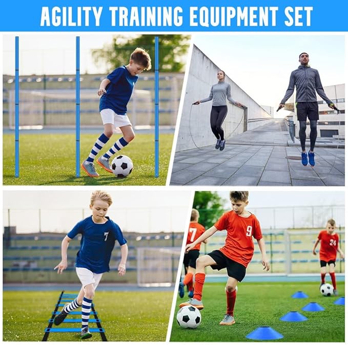 Soccer Agility Training Equipment, Includes 20ft Agility Ladder, 6 Adjustable Agility Poles, 10 Disc Cones, Jump Rope-Speed Training Set for Soccer Football Basketball Athletes