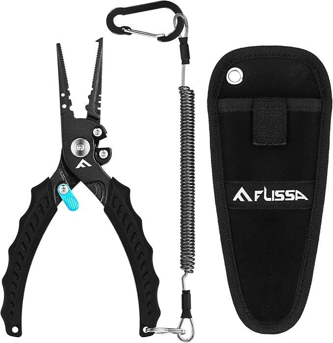 FLISSA 7-1/2 Inch Fishing Pliers, Safety Lock Design Fish Pliers Saltwater with TPR Handle, Stainless Steel hook remover with Braid Cutters, Sheath and Lanyard, Fishing Tool Gifts for Men