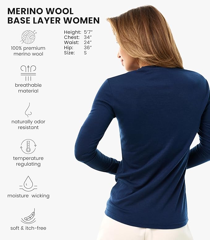 Merino Wool Base Layer Women - 100% Merino Wool Shirt Women Thermal Underwear Long Sleeve T-Shirt for Hiking
