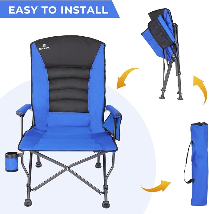 Camping Chairs for Adults, Adjustable Backrest Heavy Duty Oversized Folding Camping Chair Supports 350lbs for Outside with Cup Holder&Side Pocket, Outdoor Folding Camp Chair with High Back (Blue)