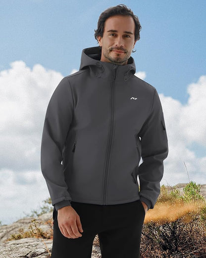 WULFUL Men's Lightweight Softshell Jacket Warm Fleece Lined Windbreaker Waterproof Soft Shell for Outdoor Hiking