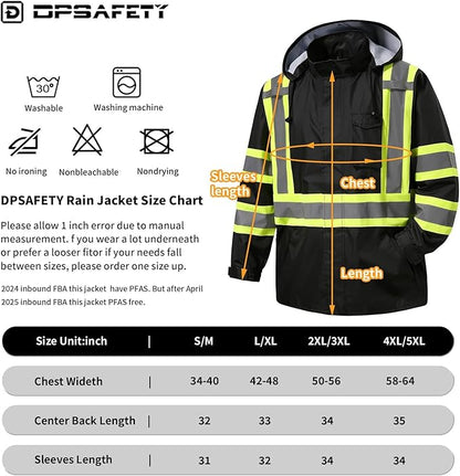 Reflective Rain jackets for men waterproof,Hi Vis Safety Coat With Reflective Strips，High Visibility Class 3 Rain jackets With 2 large pockets，Zipper,Black ，SM/MD