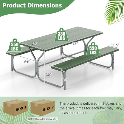 Tangkula 6 Ft Picnic Table with 2 Built-in Benches, Umbrella Hole, Metal Frame & HDPE Tabletop, 8-Person Large Table and Bench Set for Garden, Backyard, Patio (Green)