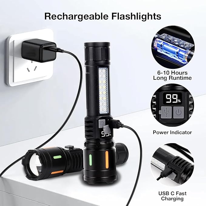 Rechargeable Flashlight High Lumens 900,000L, Peascat Super Bright LED Handheld Flashlights, Rechargeable Power Tactical Flash Light With 5 Modes, Cob Side Light, USB C, Waterproof For Home, Emergency