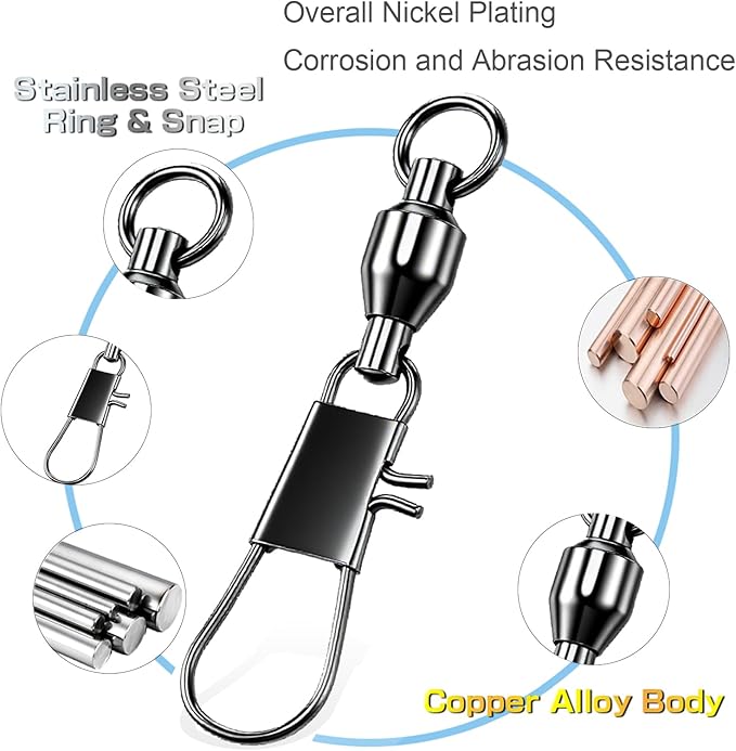 AMYSPORTS Steel Stainless Snap Swivels Saltwater Ball Bearing Fishing Swivel Lure Connector Barrel Swivels Fishing Tackle Black Nickel