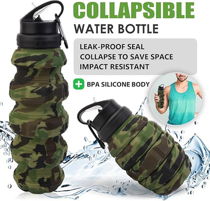 Collapsible Travel Water Bottle18oz, Reuseable Silicone Foldable Water Bottles for Gym Camping Hiking, Portable Leak Proof Sports Water Bottle with rugby Carabiner (Green)