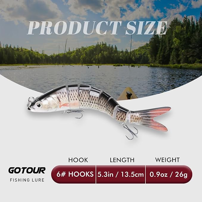 GOTOUR Fishing Lures for Freshwater or Saltwater, Easy to Use for Family Fishing Beginner and Pros, Most Lifelike Jointed Swimbait，Slow Sinking Bass Pike Panfish Walleye Lures, Fishing Gifts for Men