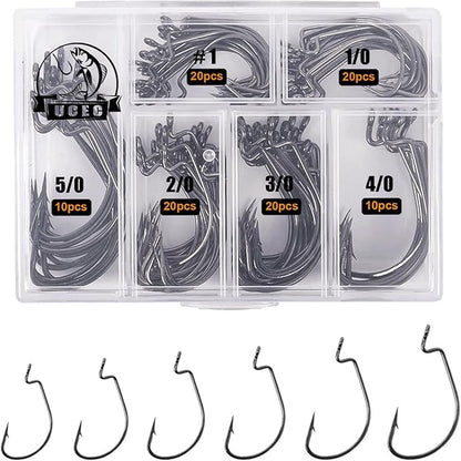 UCEC Fishing Hooks, 140PCS/ 100PCS/ 60PCS EWG Offset Worm Hooks Bass Hooks Wide Gap 2X Strong Senko Bait Texas Rig Jig Fish Hooks for Bass Trout Saltwater Freshwater Size:#4#2#1 1/0 2/0 3/0 4/0 5/0