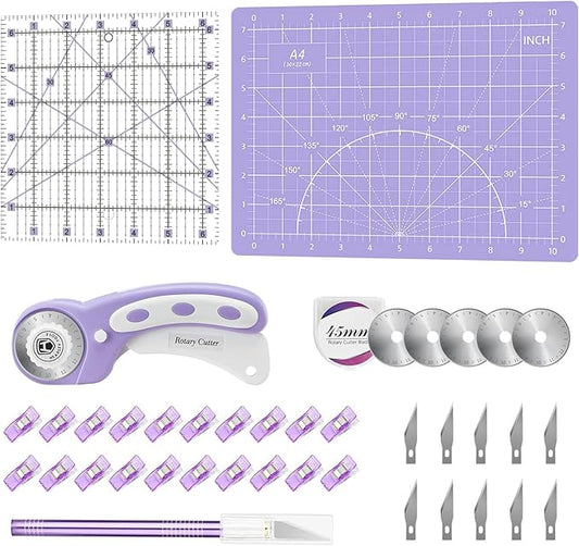 Headley Tools 39 Pcs Rotary Cutter Set - Quilting Kit incl. 45mm Fabric Cutter with 5 Extra Blades, A4 Cutting Mat, 2 Craft Knife Set, Sewing Clips, Ideal for Crafting, Sewing, Patchworking Purple