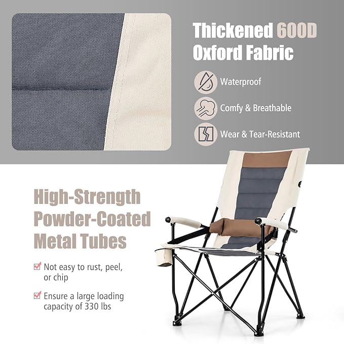 HAPPYGRILL Folding Camping Chair with Carrying Bag, Portable Lawn Chair with Cup Holder, 330 LBS Outdoor Chair for Outside Fishing Travel Swimming Picnic