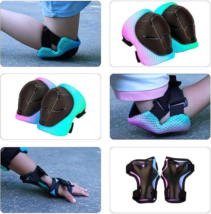 Color Gradient Adjustable Kids Bike Helmet with Knee & Elbow Pads Set | Multi-Sport Safety Gear for Boys & Girls Ages 5-14 | Skateboarding, Scooters, Roller & Inline Skating, Longboarding