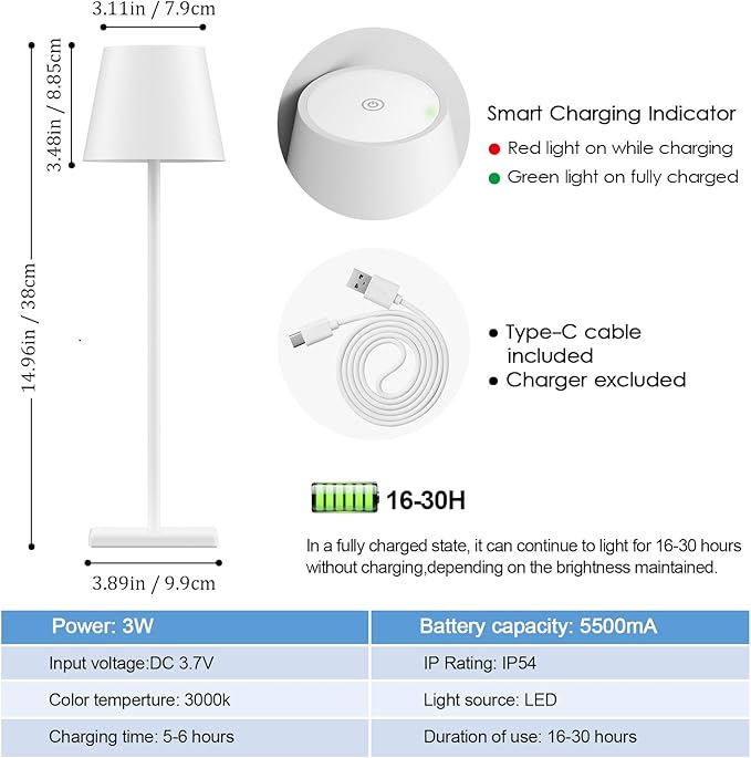 4-Pack Rechargeable Table Lamps, LED Cordless Table Lamp, 3W 6000mAh Battery Operated Table Light, Stepless Dimming Portable Table Light Waterproof for Restaurant/Indoor/Outdoor (White)