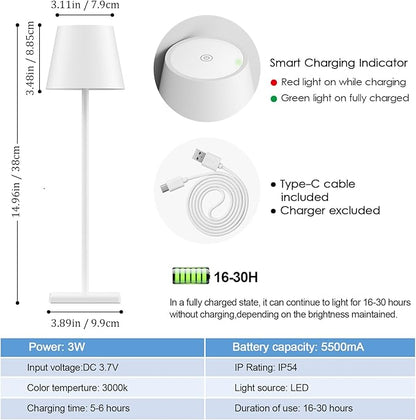 4-Pack Rechargeable Table Lamps, LED Cordless Table Lamp, 3W 6000mAh Battery Operated Table Light, Stepless Dimming Portable Table Light Waterproof for Restaurant/Indoor/Outdoor (White)