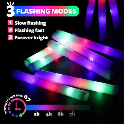 130 PCS LED Foam Glow Sticks Bulk, Glow in the Dark Party Supplies with 3 Modes Colorful Flashing, Neon Party Favors for Birthday, Wedding, Carnival, Concert, New Year