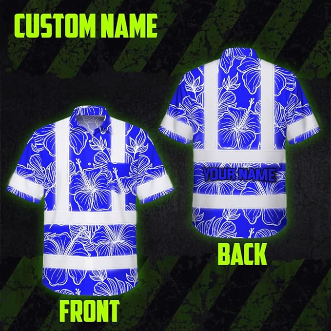 High Visibility Hawaiian Shirt for Men Tropical Shirts Custom Name Floral Outfit Reflective Safety Workwear