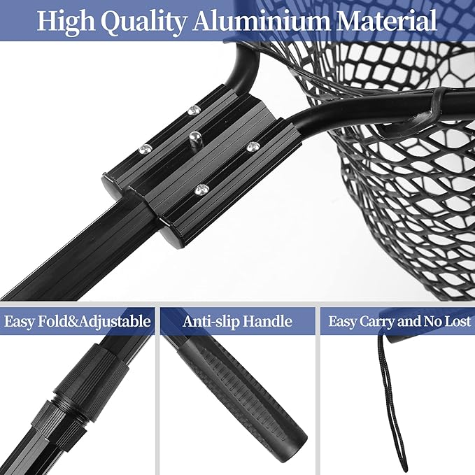 Rubber Fishing Net Large Folding Landing Collapsible Aluminum Pole Handle with Deep Net for Fishing,Big Fishing Net for Freshwater and Saltwater,Fly Fsihing Net Extend to 67 inches