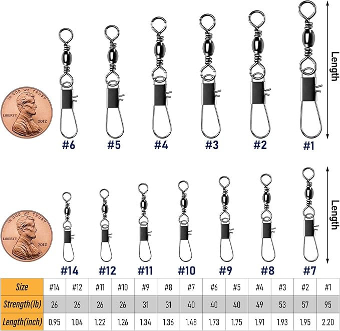 Alwonder 100-Pack Fishing Snap Swivels, Barrel Swivels Fishing Tackle with Snaps Freshwater, Stainless Steel Safty Interlock Snap Swivel Black Nickel Coated Lure Hook Connector Quick Change Clips