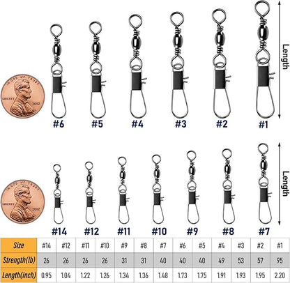 Alwonder 100-Pack Fishing Snap Swivels, Barrel Swivels Fishing Tackle with Snaps Freshwater, Stainless Steel Safty Interlock Snap Swivel Black Nickel Coated Lure Hook Connector Quick Change Clips