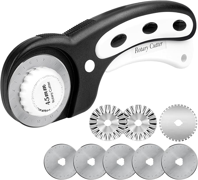 Teslong 45mm Rotary Cutter for Fabric, Extra 8pcs Replacement Blades, Ergonomic Handle Fabric Cutter Wheel with Safety Lock for Fabric, Leather, Paper, Crafting, Sewing, Quilting, Left & Right Hand