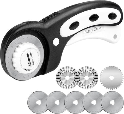 Teslong 45mm Rotary Cutter for Fabric, Extra 8pcs Replacement Blades, Ergonomic Handle Fabric Cutter Wheel with Safety Lock for Fabric, Leather, Paper, Crafting, Sewing, Quilting, Left & Right Hand