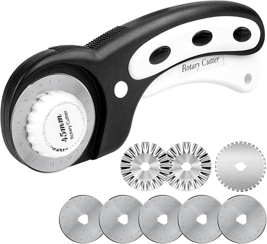 Teslong 45mm Rotary Cutter for Fabric, Extra 8pcs Replacement Blades, Ergonomic Handle Fabric Cutter Wheel with Safety Lock for Fabric, Leather, Paper, Crafting, Sewing, Quilting, Left & Right Hand