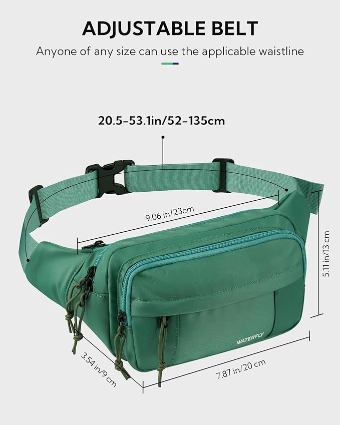 WATERFLY Fanny Pack Waist Packs: Large Crossbody Fanny Packs for Women Men with 5 Zipper Pockets Adjustable Strap Waist Bags Hip Pack for Traveling Cycling Running Hiking-Light Green