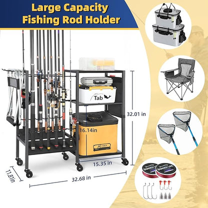 Olakee Fishing Rod Holder, Fishing Pole Holders for Garage Boat Home Entryway Fishing Gear Storage with Tackle Cart Ideal Gift for Men Dad Anglers Corner Design for Rods and Equipment Organizers