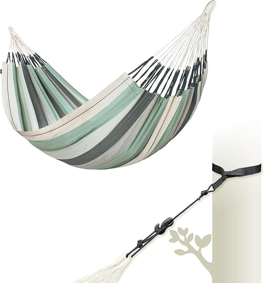 LA SIESTA® Modesta Organic Cotton Hammock & Tree Mount Kit, Beams & Posts Hammock Straps - Indoor Outdoor Hammock Swing, Portable Hammock for Outside Patio Bed - 2 Person Hammock, XL King, Olive