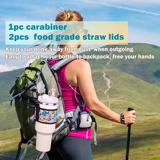 Water Bottle Carrier Holder with Shoulder Strap Water Bottle Handle Strap Sling for Stanley 30&40oz Tumblers with 2pc Straw Covers Toppers for Stanley Cup Accessories (Floral Print)