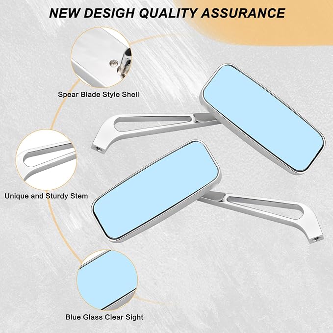 Motorcycle Rectangle Rearview Mirror 8mm 10mm Blue Lens Side Mirrors 360 Degree Chrome Universal Replacement for Harley Softail Touring Sportster Cruiser Street Bike Scooter Chopper
