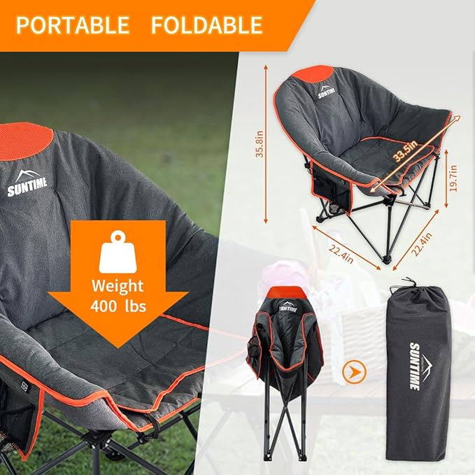 OUTDOOR LIVING SUNTIME Oversized Heated Camping Chair,3 Heat Levels, Portable Folding Lawn Chairs for Adults Outdoor Sports Support 400 LBS，Padded Moon Leisure Chair for Camping,Battery Not Included