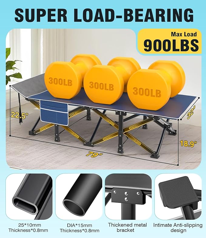 Slendor XXL Camping Cot, Oversized Camping Bed, 79" L x 32" W x 19" H Sleeping Cot with Mattress, Carry Bag, Camp Cot Bed for Travel, Guest, Support 900lbs, Blue Cot+ Blue Pad