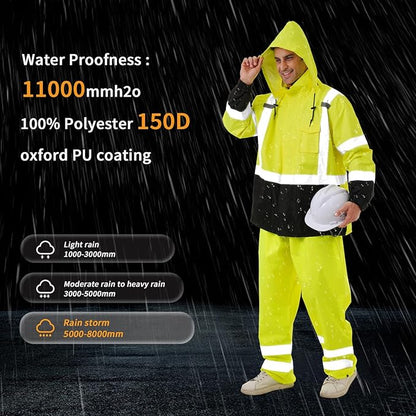 Hi Vis Safety rain Jacket，Reflective Class 3 Rain coat with Inner Mesh Lining and Pockets High Visibility Waterproof work Rain Suits for men&women（Lime,4XL/5XL）