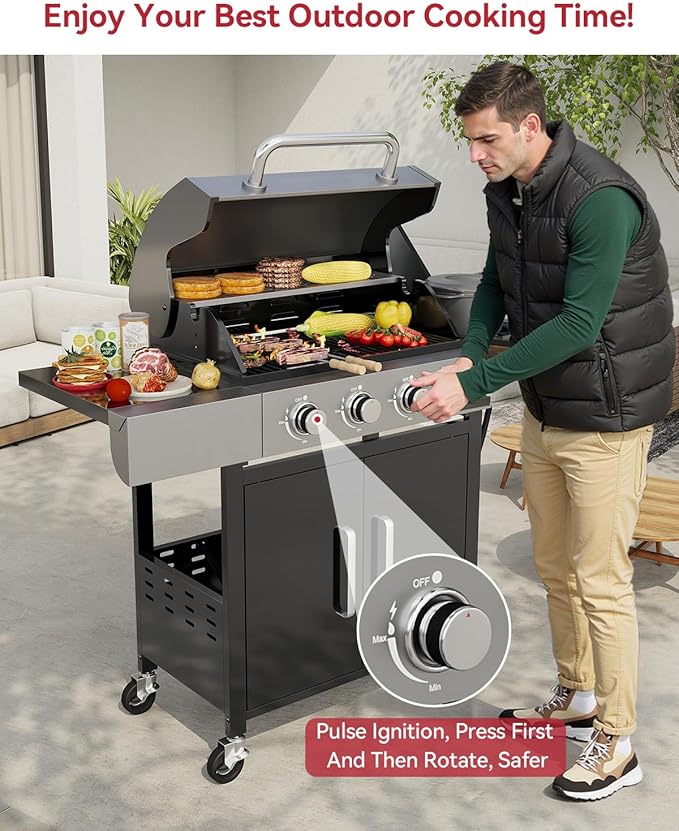 Aoxun 4-Burner Propane Gas BBQ Grill with Side Burner, 49000 BTU, Stainless Steel Outdoor Grill with Cast Iron Grates & Side Tables for Backyard, Patio, Camping