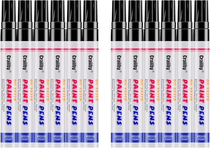 Black Paint Markers, 12 Pack Oil-Based Waterproof Quick Dry Permanent Paint Pen Set for Rocks Painting, Wood, Fabric, Plastic, Canvas, Glass, Mugs, Metal, Tire, Stone, DIY Craft