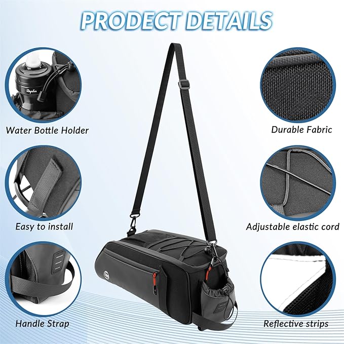 WOTOW Rear Bike Rack Bag - 8L Waterproof Bicycle Trunk Bag with Water Bottle Holder, Reflective Panniers Bike Bags for Bicycles Saddle Back Seat Storage Cargo Luggage Pouch Shoulder Bag Women Men