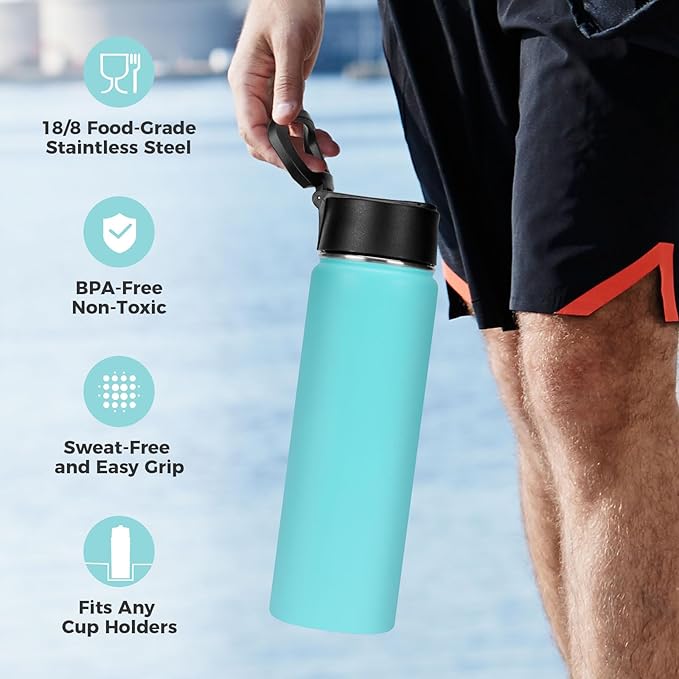 Neihepal 22 oz Insulated Water Bottles Bulk, Double Walled Vacuum Stainless Steel Water Bottle Multipack with Leak Proof Straw Lid for Men, Adults, Kids, Gym, Sports (Mint,4 Pack)