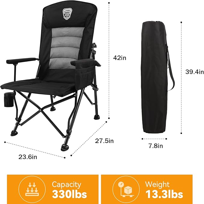 TOBTOS Oversized Camping Chairs for Adults with Adjustable High Backrest - Heavy Duty Folding Chairs Support up to 330lbs with Cup Holder & Side Pocket for Camping, Beach, Fishing, Lawn