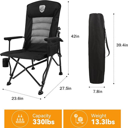 TOBTOS Oversized Camping Chairs for Adults with Adjustable High Backrest - Heavy Duty Folding Chairs Support up to 330lbs with Cup Holder & Side Pocket for Camping, Beach, Fishing, Lawn