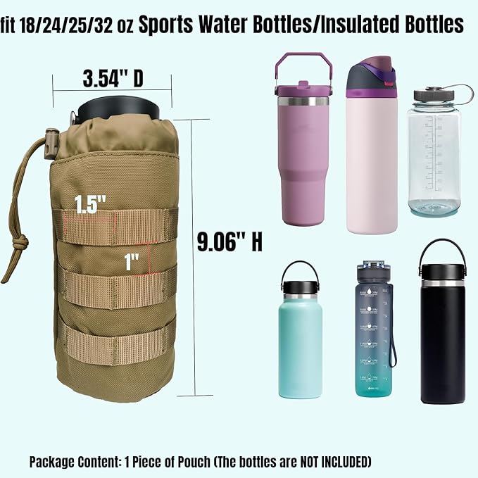 Tactical MOLLE Water Bottle Holder, Upgraded Water Bottle Pouch with Drawstring Open Top & Mesh Bottom, 16/24/25/32oz Water Bottle Carrier Bag with D-Ring Hook for Backpack